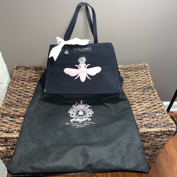 My Flat In London pink Queen bee black tote with original bag it came in - Picture 4 of 15